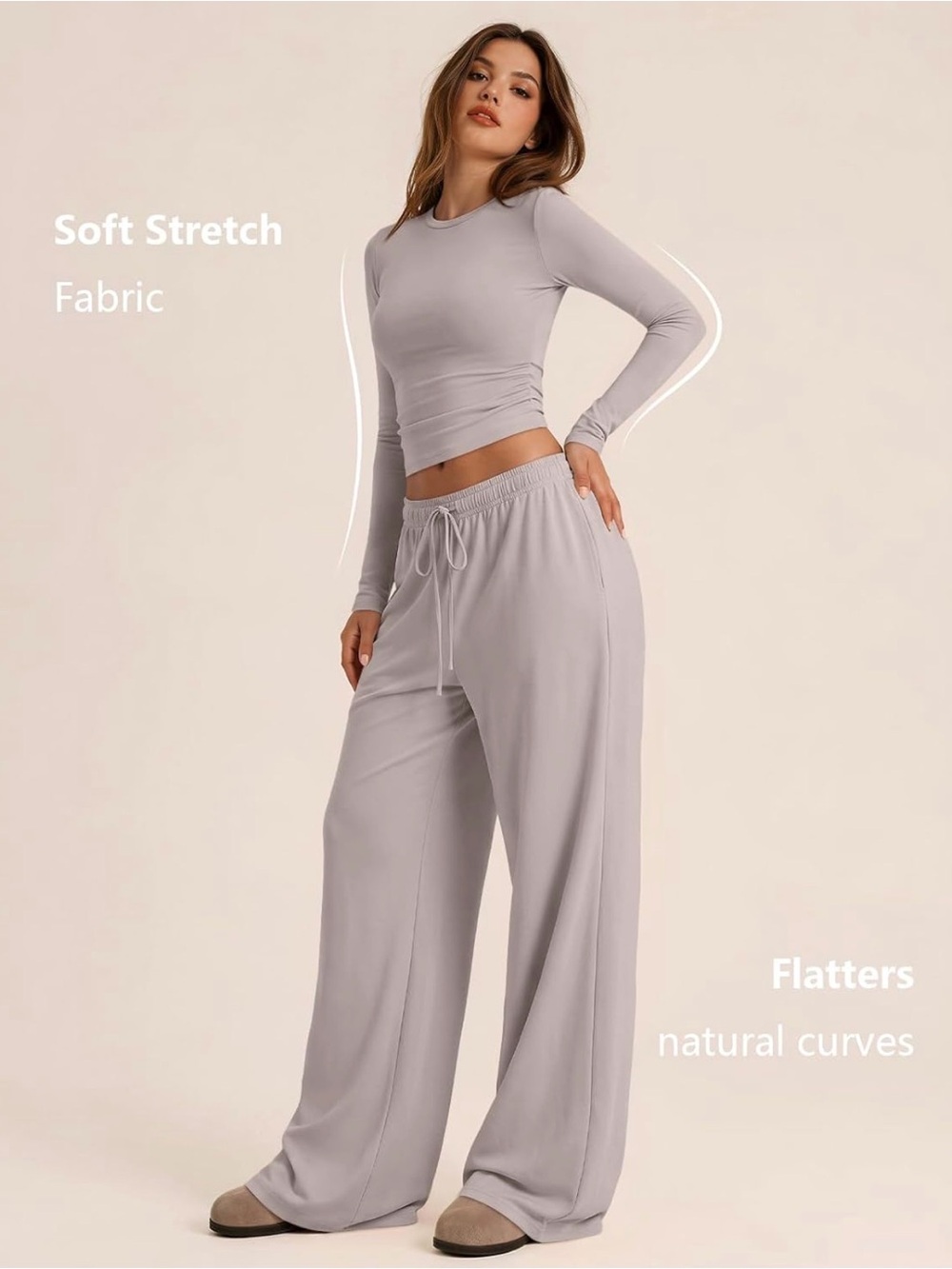Trendy queen Soft Stretch Long-Sleeve Top & Wide-Leg Lounge Pants Set